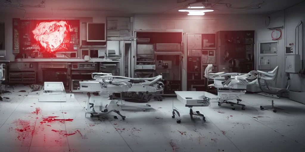 Prompt: High-tech white laboratory with horrible creature on the operating table, red panels with broken circuits, alarm lights, blood, horror, dark cinematic, volumetric, realistic, 3d render, Realistic Render, Cinematic lighting, Volumetric lighting, atmospheric, cinematic, unreal engine, unreal engine render, octane render, HD, photorealism, hyper realistic, photo, 8K, in the style of Chris Cunnigham, by Wes Anderson