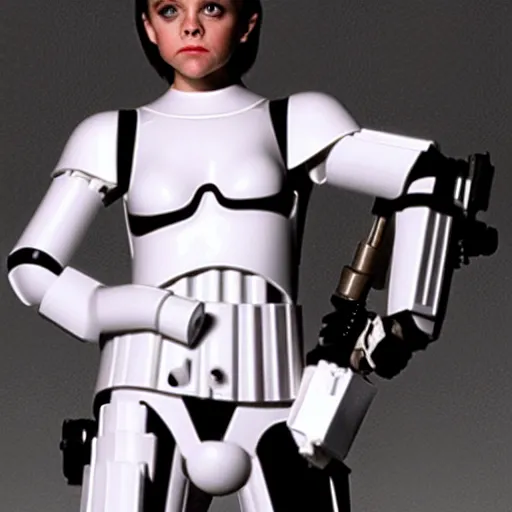 Image similar to christina ricci as a stormtrooper, taking her helmet off