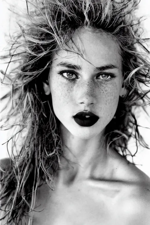 Image similar to a beautiful professional photograph by herb ritts, arthur elgort and ellen von unwerth for vogue magazine of a beautiful lightly freckled and unusually attractive female fashion model looking at the camera in a flirtatious way, zeiss 5 0 mm f 1. 8 lens