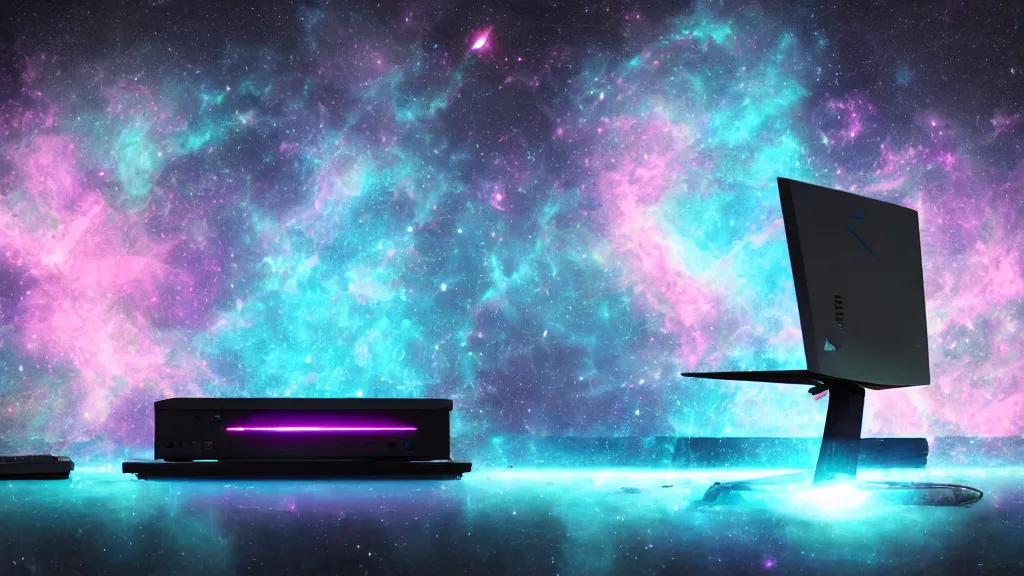 Image similar to a galactic overpowered computer. (cyan, pink, purple, orange) Overclocking, watercooling, custom computer, nebula, mat black metal, alienware, cosmic design, desktop computer, nebula, galactic, space, minimalist desk, minimalist home office, whole room, minimalist, Beautiful dramatic dark moody tones and lighting, orange neon, Ultra realistic details, cinematic atmosphere, studio lighting, shadows, starts lighting, starts, dark background, dimmed lights, industrial architecture, Octane render, realistic 3D, photorealistic rendering, 8K, 4K, Cyborg R.A.T 7, Republic of Gamer, computer setup, highly detailed