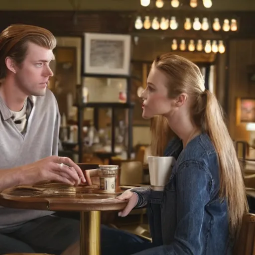 Prompt: a tall guy with dark blond hair bun dating a blond girl in an old restaurant, Gilmore girls aesthetic, realistic, beautiful lighting