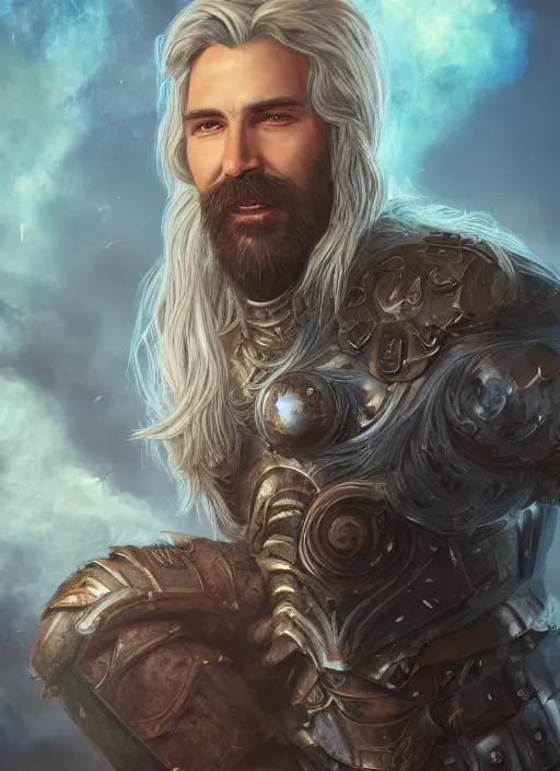 Image similar to an epic fantastic realism comic book style portrait painting of an aasimar paladin, male, silver shaggy hair, short brown beard, d & d concept art, unreal 5, daz, teal aesthetic, octane render, cosplay, rpg portrait, dynamic lighting