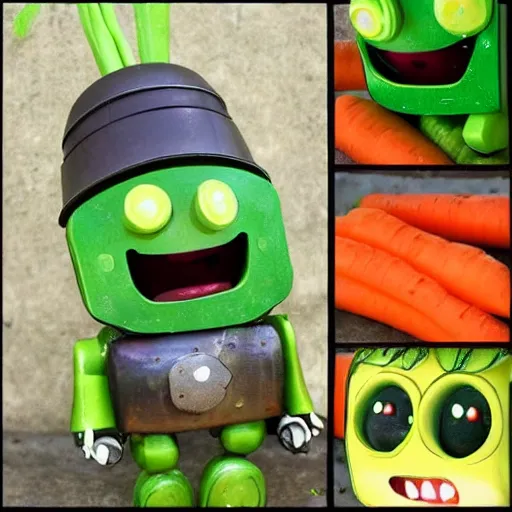 Image similar to little happy robot made of vegetables with big avocado hat and a carrot sword, made in abyss style