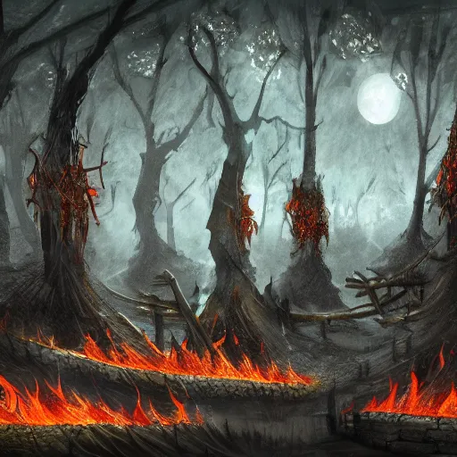 Image similar to concept art of a druidic village surrounded by trees made of obsidian and flames for leaves, dark fantasy, eerie, at dusk, slightly hazy, digital painting, large fire pit