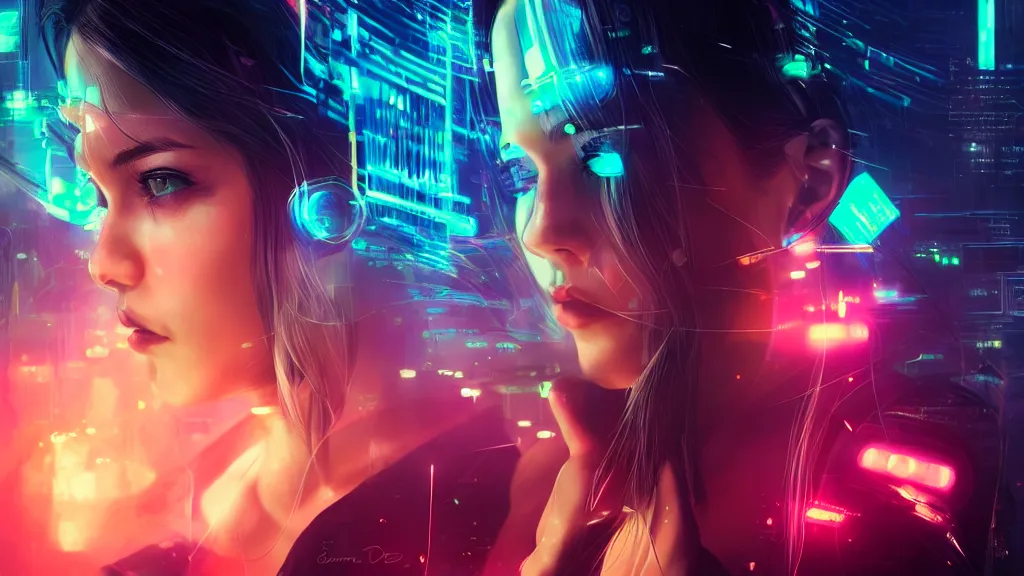 Prompt: high resolution digital art by artgerm, woman portrait cyberpunk, neon lights, bokeh, fog, cinematic, header, eye with galaxy and stars