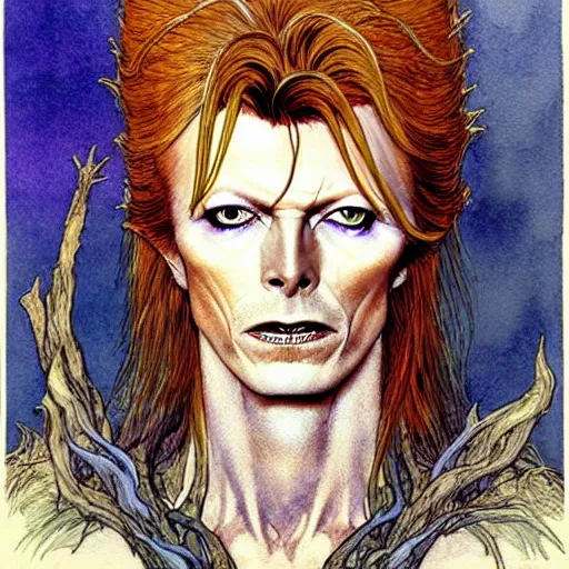 Image similar to a realistic and atmospheric watercolour fantasy character concept art portrait of david bowie as a druidic warrior wizard looking at the camera with an intelligent gaze by rebecca guay, michael kaluta, charles vess and jean moebius giraud