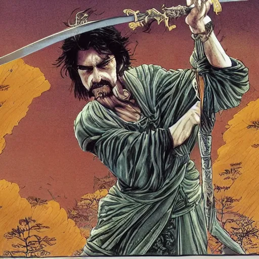 Image similar to Frank Zappa golden Vagabond magic swordsman glides through a beautiful battlefield magic the gathering dramatic esoteric!!!!!! pen and ink!!!!! illustrated in high detail!!!!!!!! by Hiroya Oku!!!!! Written by Wes Anderson graphic novel published on shonen jump 2002 award winning!!!!