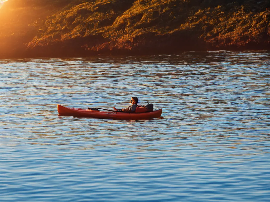 Prompt: a brown springer spaniel stood in a kayak, wearing a sea captains hat, sunrise, beautiful early morning light, golden hour, seaside