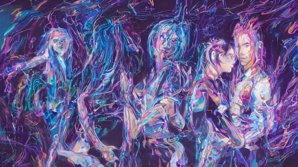 Image similar to a detailed painting of two people dressed as gen z dancing togheter in a nightclub, inspired by yoshitaka amano enveloped in trails of colorful animal ghosts floating around them. clean painting, realistic and auora lighting. dark blue and intense purple color palette, art by kuvshinov ilya, 8 k