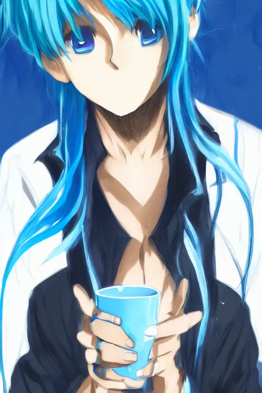 Image similar to portrait of an anime guy with messy blue hair bored while holding a cup of water, wlop, trending on artstation, deviantart, anime key visual, official media, professional art, 8 k uhd