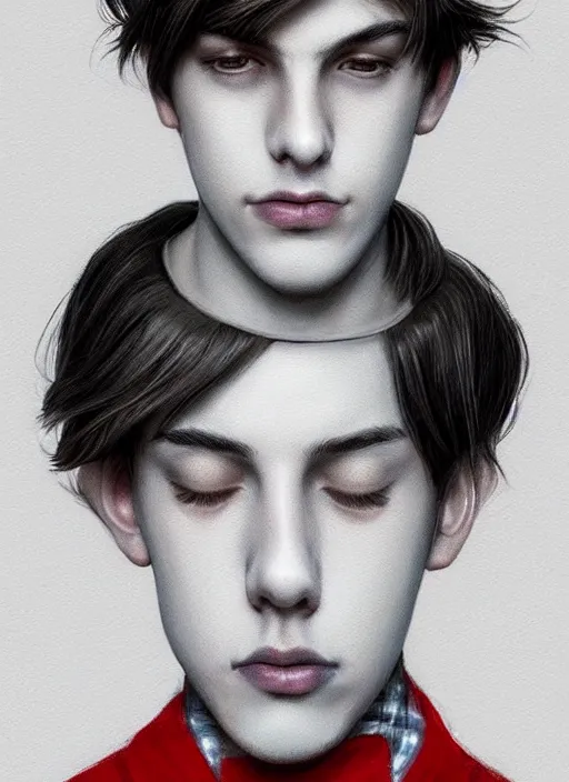 Image similar to portrait of teenage jughead jones wearing a light grey crown, photorealistic, crown, crown with red and white pin badge, crown with pins, eyes closed, crown, black hair, intricate, elegant, highly detailed, digital painting, glowing lights, artstation, concept art, smooth, sharp focus, illustration, art by wlop, mars ravelo and greg rutkowski