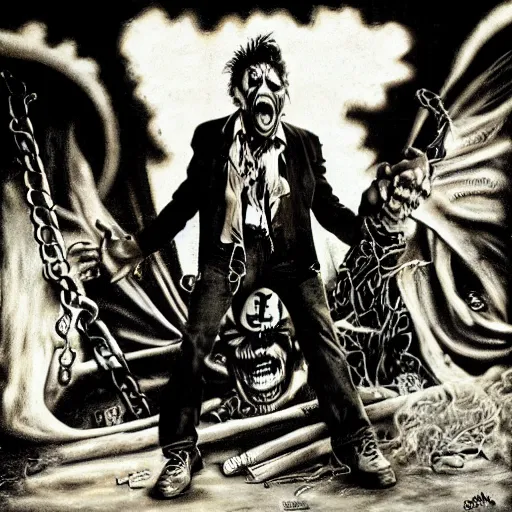 Prompt: Tom Waits as Eddie on an Iron Maiden album cover