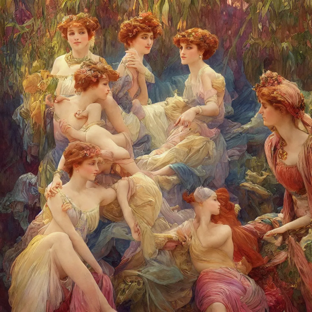 Image similar to a beautiful watercolour of two sisters and a jealous brother, bio - luminescence, intricate, cinematic, sharp focus, photorealistic, highly detailed, in the style of delphin enjolras and alphonse mucha 8 k