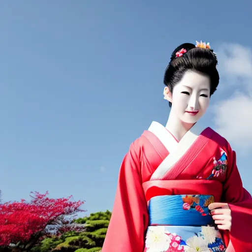 Prompt: Photo of Japanese geisha with a beautiful kimono, traditional kyoto, slim waist, large chest, flowers in hair, sunny day, high detail,