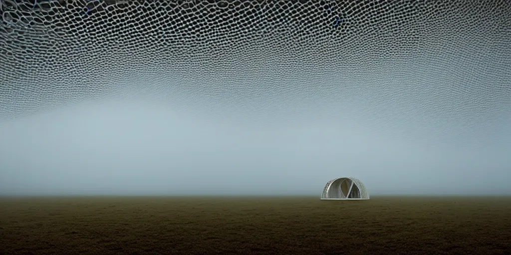 Prompt: white honeycomb organic building with warm illumination inside by ernesto neto sits on the field evening atmosphere in low fog, 4 k, insanely quality, highly detailed, film still from the movie directed by denis villeneuve with art direction by zdzisław beksinski, telephoto lens, shallow depth of field