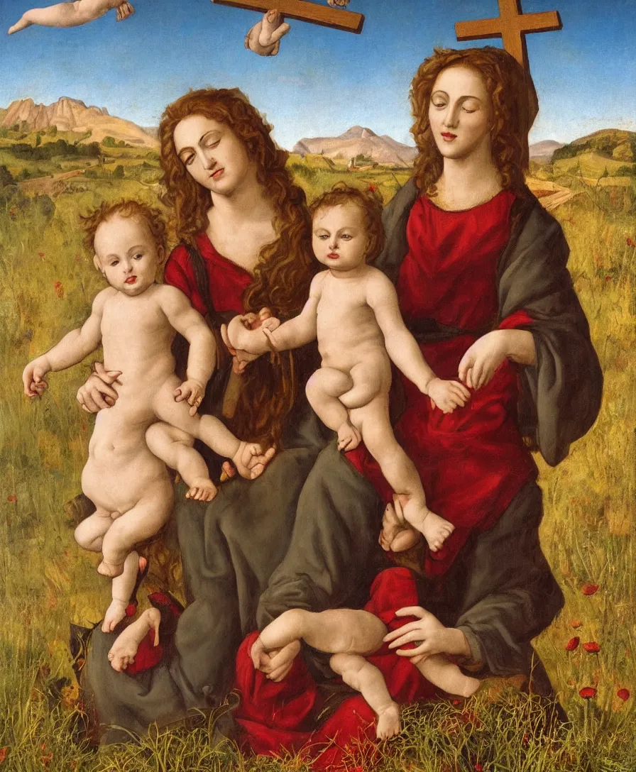 Prompt: Detailed Portrait of Madonna with infant Jesus playing with a cross and another boy in the style of Raffael. Curly red hair. They are sitting in a dried out meadow near Florence, red poppy in the field. Playing with a cross On the horizon, there is a lake with a town and mountains. Flat perspective.