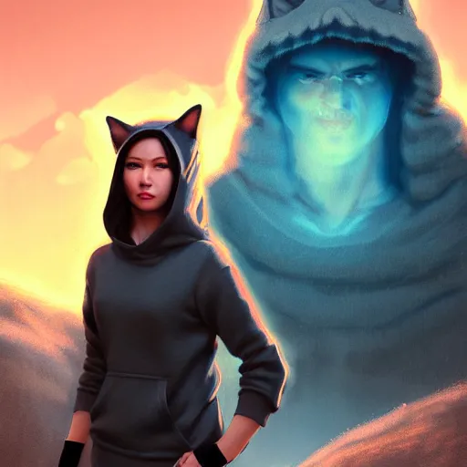 Image similar to feminine dwayne johnson in cat hoodie by ross tran, walking in a castle painted by sana takeda, rtx reflections, very high intricate details, digital anime art, medium shot, mid - shot, composition by ilya kuvshinov, lighting by greg rutkowski