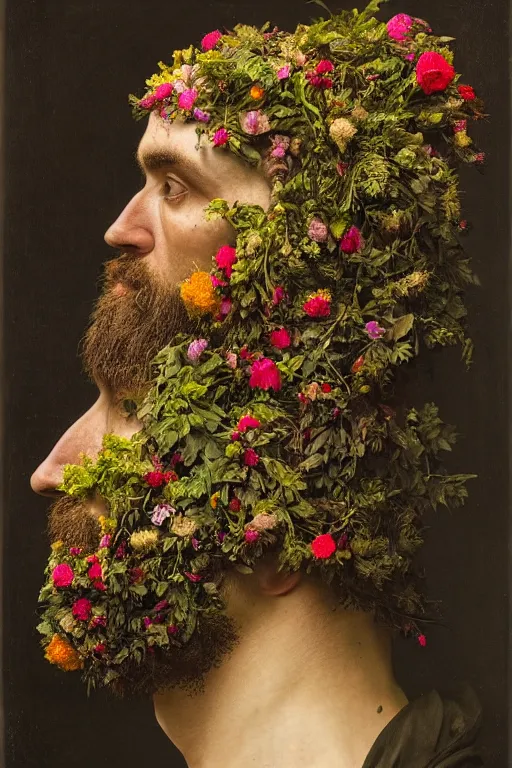 Image similar to a man's face in profile, long beard, made of flowers and fruit and nesting birds, in the style of the Dutch masters and Gregory crewdson, dark and moody