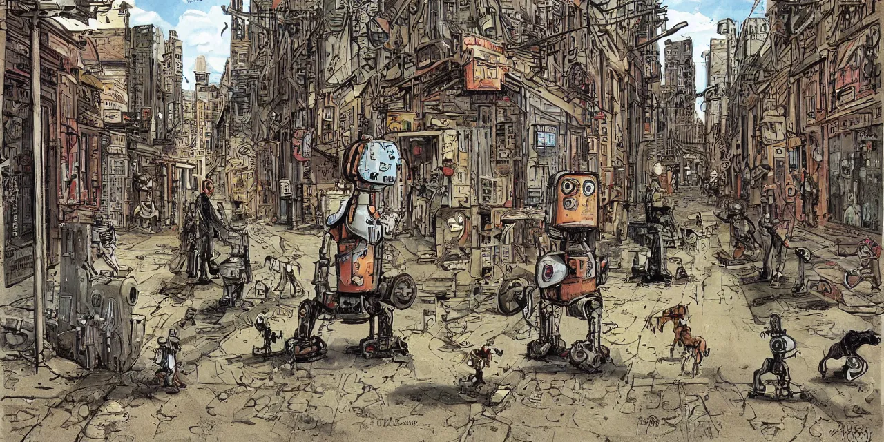 Image similar to a dog walking a robot on a inner city urban street set in the late 2 1 2 2 one hundred years of agi, caricature styling by jack davis