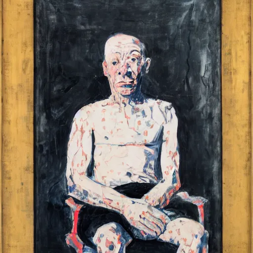 Image similar to painting of a man sitting on a chair, staring at you with an intense expression, by georg baselitz