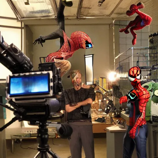 Prompt: a photo of a stopmotion animation filming set of spiderman 3 still