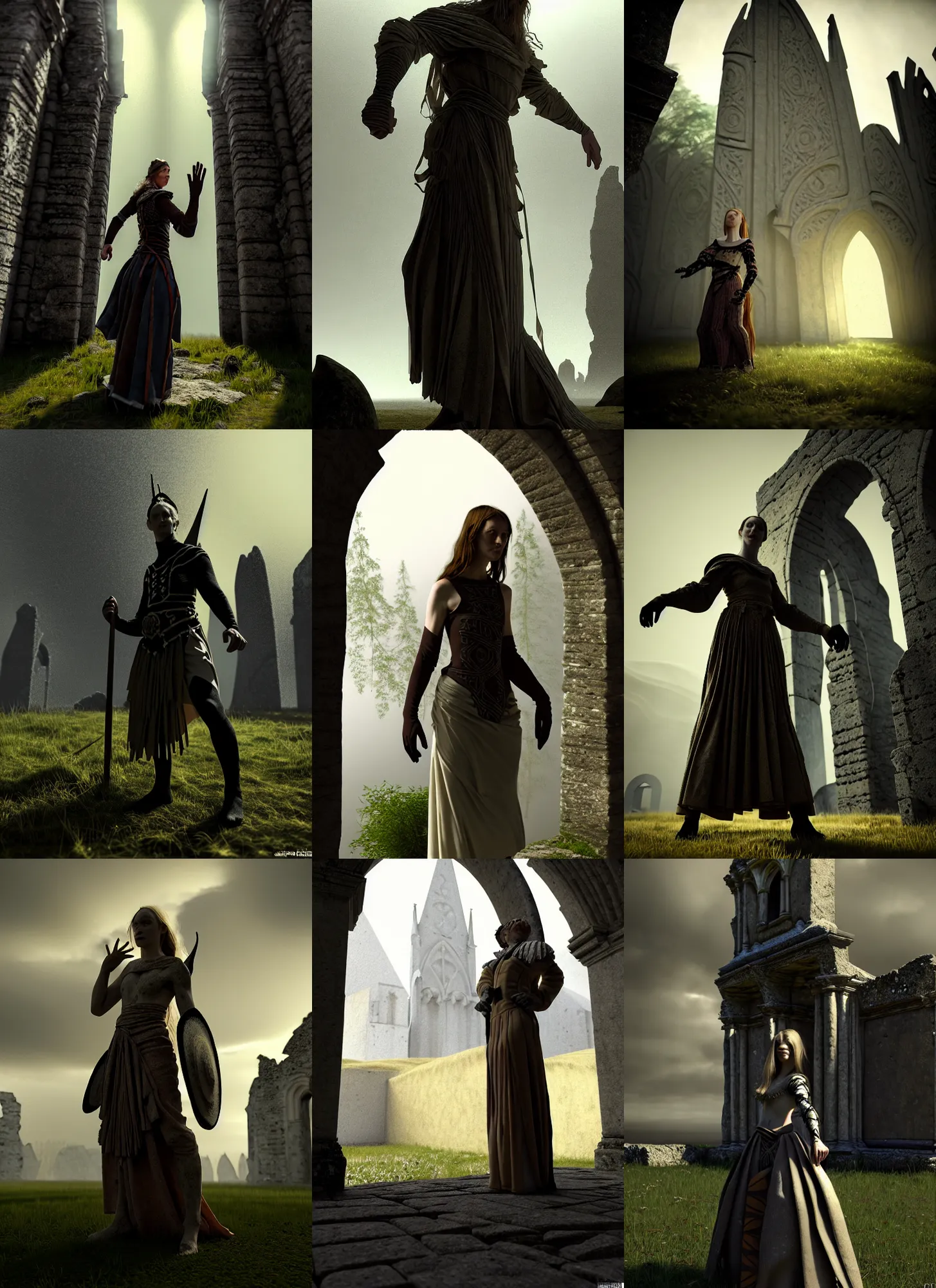 Prompt: costume design made by nordic tribes, sophisticated composition, old masters light composition, procedurally generated, dynamic brush strokes, linear gamma, dynamic pose, natural light, dissolution , turbulence,epic human character posing for concept art, beautiful ancient gothic ruins behind, substance designer, PBR, Ultra detailed, hyperrealistic, megascans, volumetric light, concept by master artist, made in paint tool SAI2, trending pixiv face