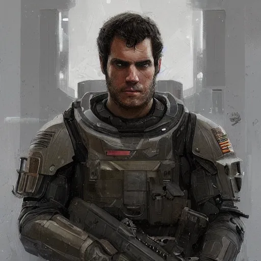 Image similar to portrait of a man by greg rutkowski, he looks like henry cavill with military short hair, wearing tactical gear of the galactic alliance, he is about 3 0 years old, highly detailed portrait, digital painting, artstation, concept art, smooth, sharp foccus ilustration, artstation hq