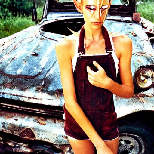 Prompt: a skinny female high-fantasy elf with a long face narrow chin and short spiky blonde hair wearing dark brown overalls and holding a bomb next to a destroyed car, gel spiked blond hair, narrow lips, high resolution film still, HDR color, photograph by Mario Testino