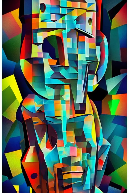 Image similar to cubist moai statue cutout digital illustration cartoon colorful beeple