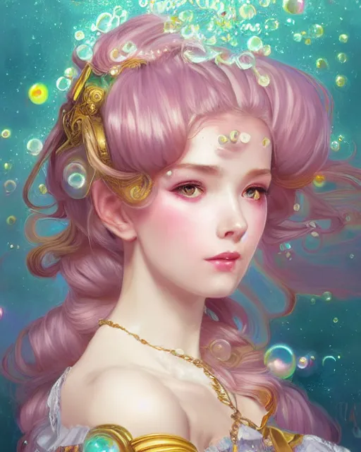 Image similar to portrait of magical lolita girl, dreamy and ethereal, expressive pose, big gold eyes, exciting expression, fantasy, intricate, elegant, many rainbow bubbles, rose tones, highly detailed, digital painting, artstation, concept art, cyberpunk wearing, smooth, sharp focus, illustration, art by artgerm and greg rutkowskiand alphonse mucha