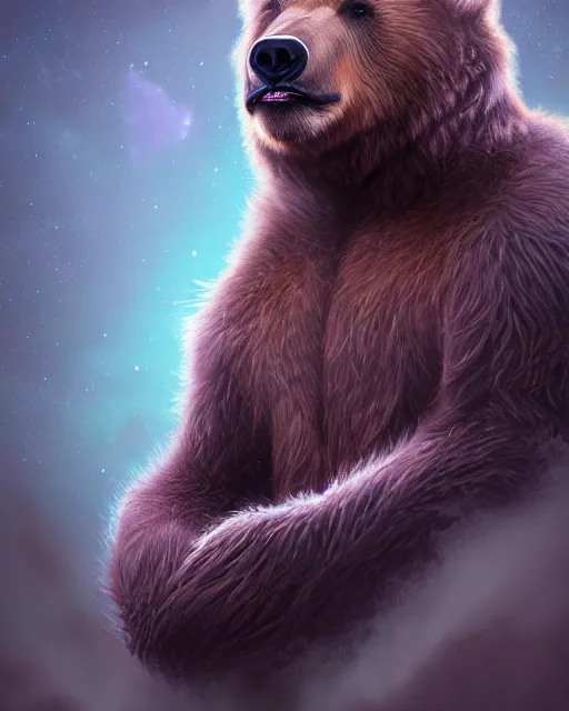 Image similar to portrait of a cute female bear, bioluminescent, veins, horror, happy, highly detailed, digital painting, cinematic, hyperrealism, dark retrowave, art by stanley lau and artgerm and magali villeneuve and alphonse mucha, artstation, octane render, cgsociety