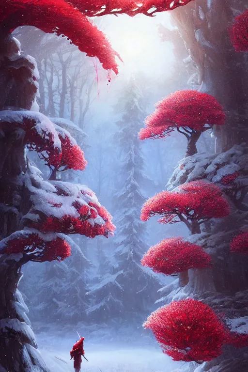 Prompt: giant tree in snow with red flowers, unreal engine, fantasy art by greg rutkowski, loish, rhads, ferdinand knab, makoto shinkai and lois van baarle, ilya kuvshinov, rossdraws, tom bagshaw, global illumination, radiant light, detailed and intricate environment