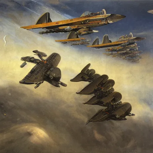 Image similar to flying machines at war, odd lighting matte oil painting by di fate and alan lee and goya