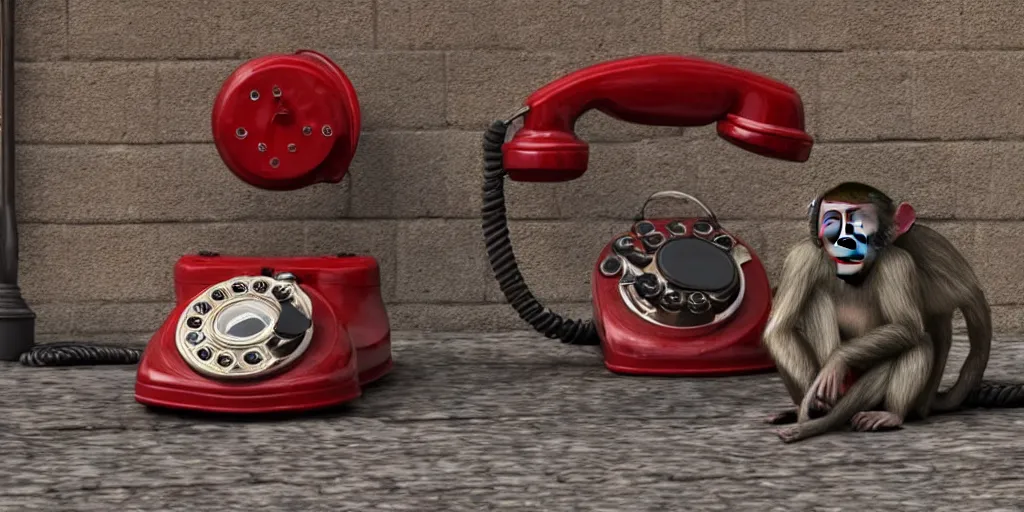 Prompt: a photograph of two monkeys pondering over a vintage red rotary telephone sitting on the sidewalk, detailed render, epic composition, 4 k realistic, cryengine, realistic shaded lighting, sharp focus, masterpiece