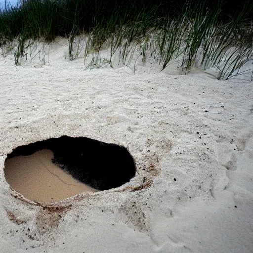 Prompt: deep dark hole on a sandy mississippi beach that has a few snakes crawling out of it, no trees no palm trees, no rocks.