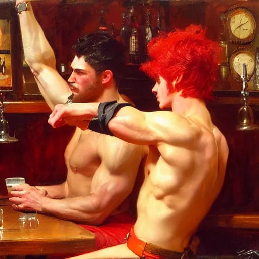 Prompt: attractive muscular male with red hair and muscular attractive male with black hair, drinking their hearts out, in a pub. very defined and highly detailed painting by gaston bussiere, j. c. leyendecker, craig mullins 8 k