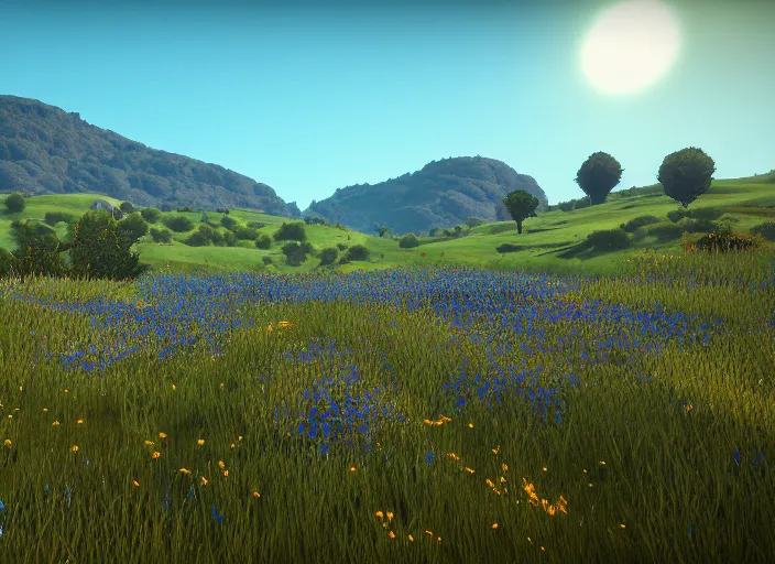 Prompt: fields full of flowers and blue sky with hills in the background. Intricate. Very detailed 8k. Fantasy horror. Sharp. Cinematic post-processing. Unreal engine. Nanite. Ray tracing. Parallax. Tessellation