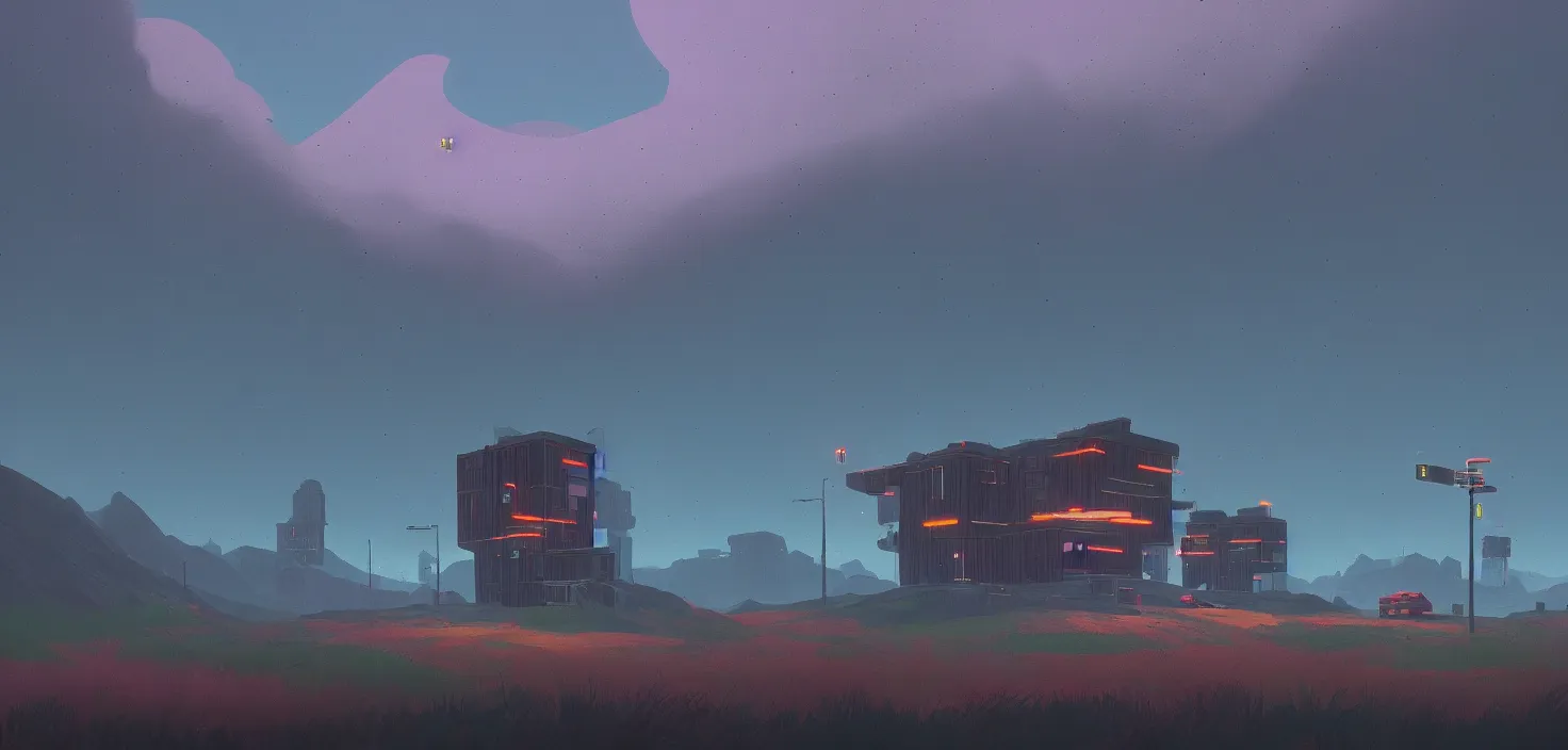 Image similar to a building in a stunning landscape in the style of simon stalenhag