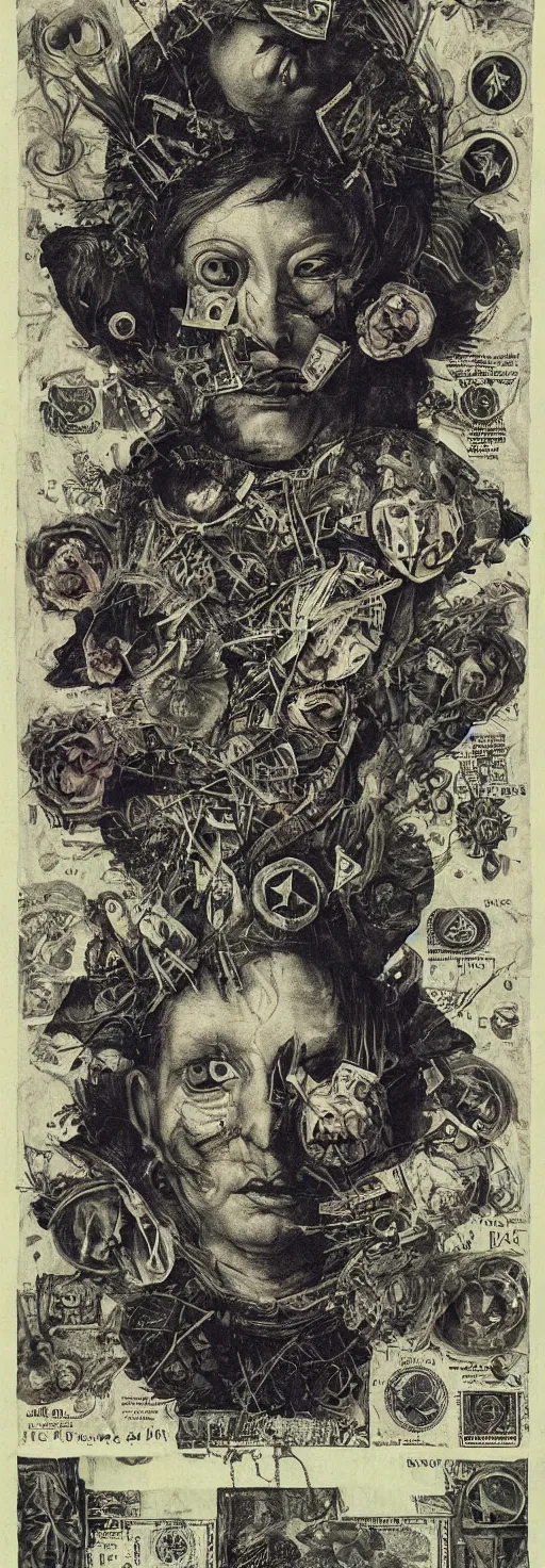 Image similar to post - punk new age album cover, asymmetrical design, dollar bank notes, capitalism, magic, apocalypse, psychedelic, black white pink, magic, giger h. r., giuseppe arcimboldo