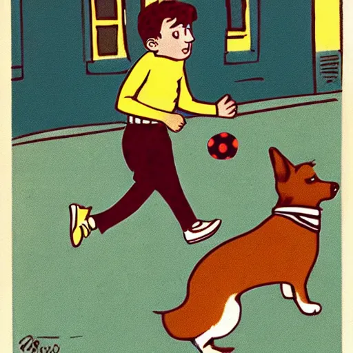 Prompt: illustration of french boy on the streets of paris playing football against a corgi, the dog is wearing a polka dot scarf, comic, 1 9 6 3
