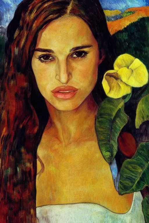 Image similar to “ young natalie portman drawn by paul gauguin ”