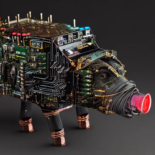 Image similar to a portrait photograph of a big aggressive male cyberpunk pig, circuit boards, motherboard, mainboard, wires, cable management, electrical wires, activity lights, cyberpunk, artstation, detail, hyperrealistic, digital photograph, natural light canon eos c 3 0 0, ƒ 1. 8, 3 5 mm, 8 k