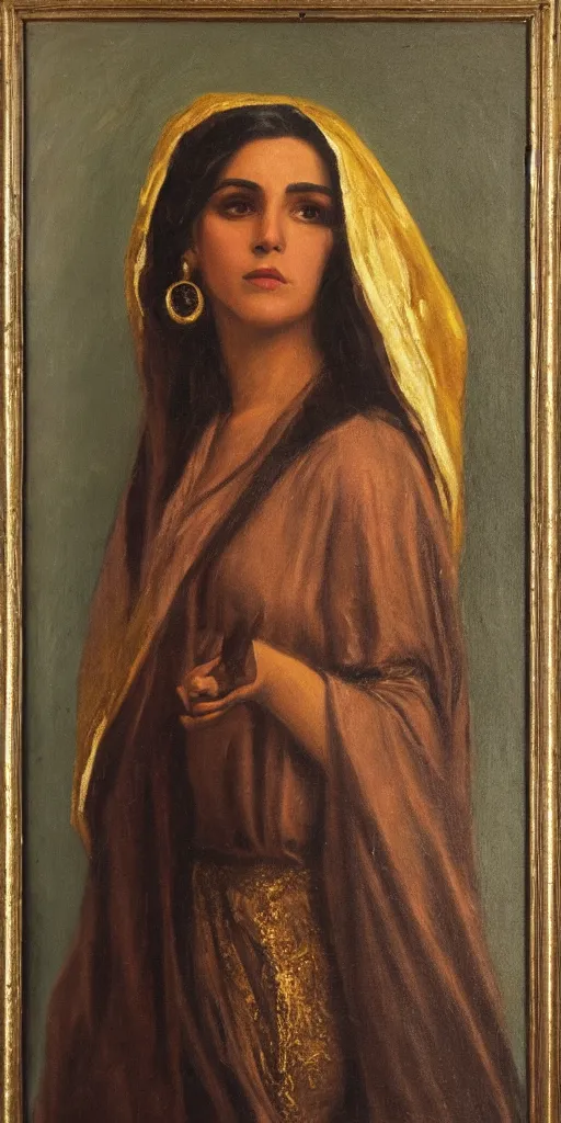 Image similar to romantic period style atmospheric oil painting of a middle eastern woman with intense eyes, wearing a golden veil