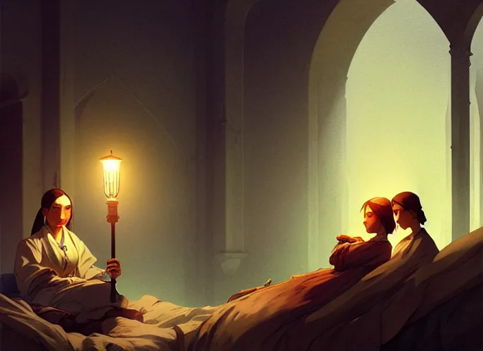 Prompt: 1 8 5 4 crimea, florence nightingale holding lamp, army hospital in scutari at night, wounded patients in beds on both sides of hospital ward, finely detailed perfect art, painted by greg rutkowski makoto shinkai takashi takeuchi studio ghibli