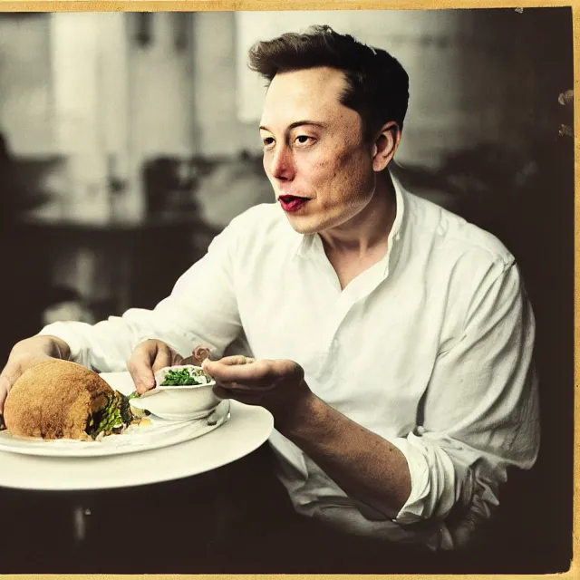 Prompt: a vintage photograph of Elon Musk eating idli by Julia Margaret Cameron, portrait, 40mm lens, shallow depth of field, split lighting