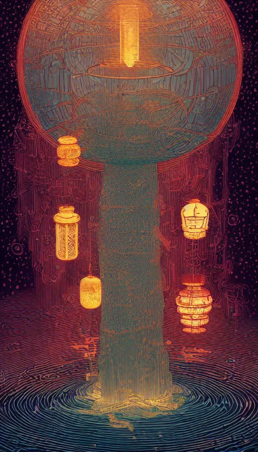 Prompt: the ancient oracle of the luminous lantern spirits, futurism, dan mumford, victo ngai, da vinci