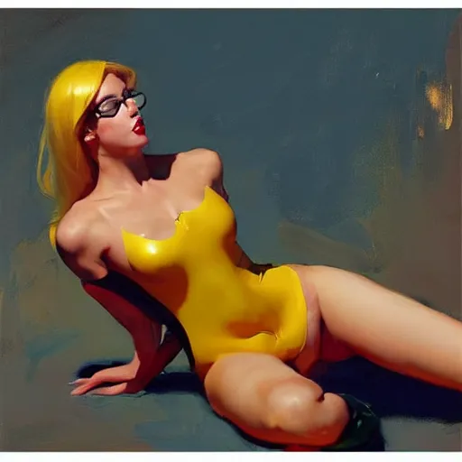 Image similar to greg manchess painting of of a female wearing a latex suit, painting, trending on artstation, by huang guangjian and gil elvgren and sachin teng