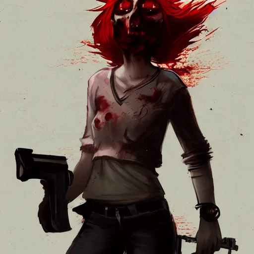 Image similar to a concept art of a boy and a girl with red hair holding a gun, zombie apocalypse, highly detailed, digital painting, artstation, concept art, smooth, sharp focus, illustration