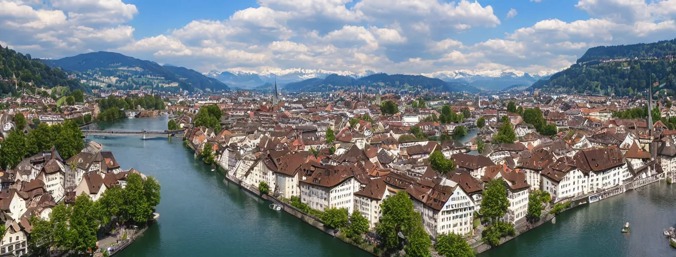 Image similar to Photo of Zurich, looking down the Limmat at the lake and the alps, Hardturm, Grossmünster, Lindenhof, Üetliberg, wide angle, volumetric light, hyperdetailed, light blue water, artstation, cgsociety, 8k