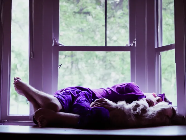 Prompt: man sleeping with a boy with purple hair and cat ears standing in window, dark lighting
